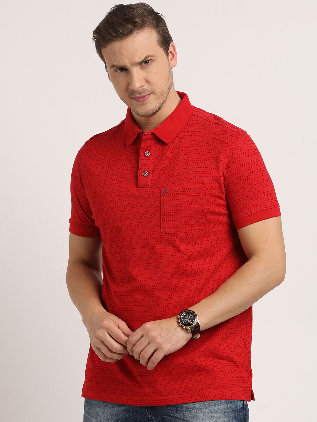 

Turtle Men Micro Ditsy Striped Printed Polo Collar Pure Cotton Pocket Slim Fit T-shirt, Red