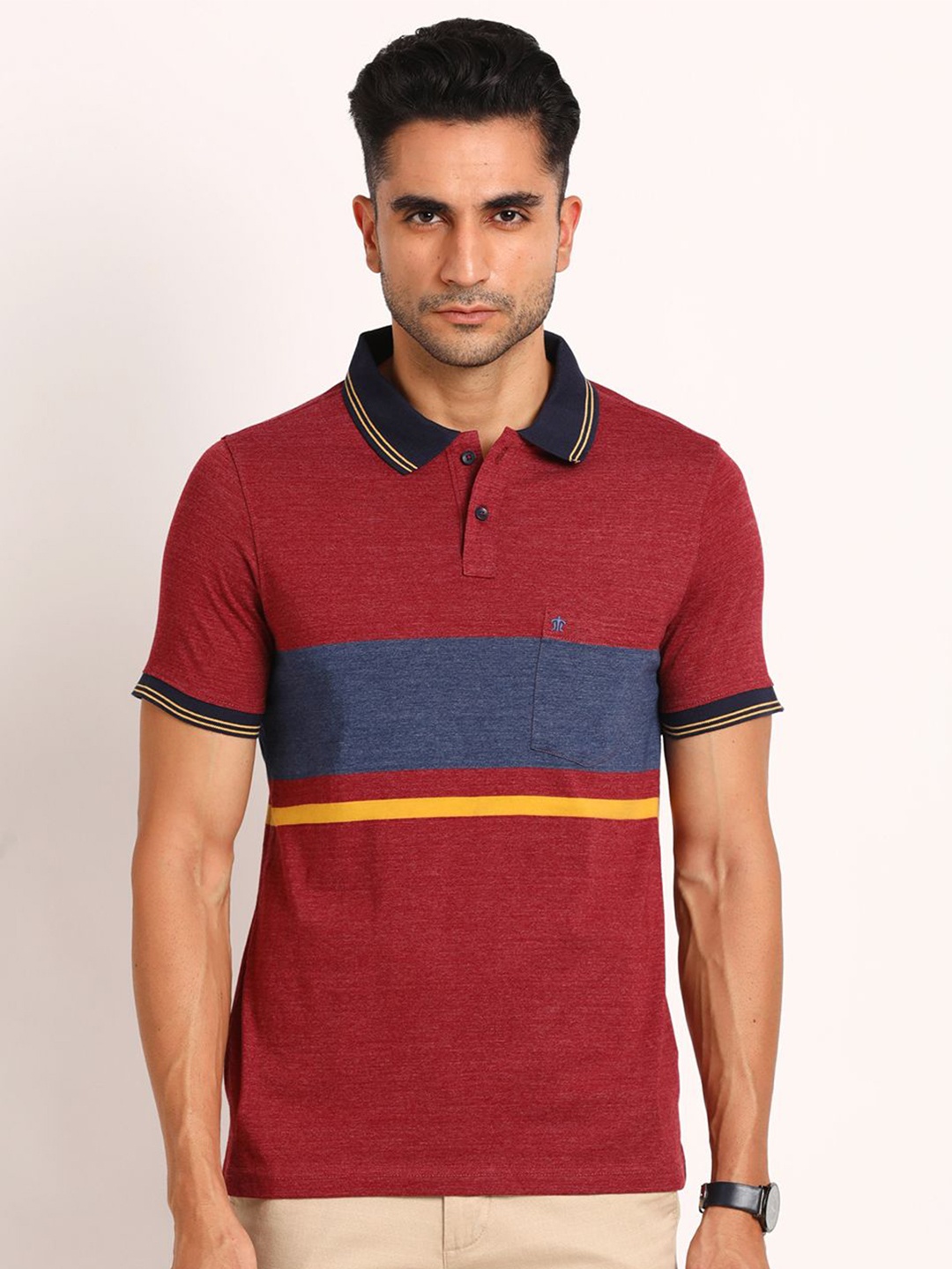 

Turtle Men Colourblocked Polo Collar Pure Cotton Pocket Slim Fit T-shirt, Red