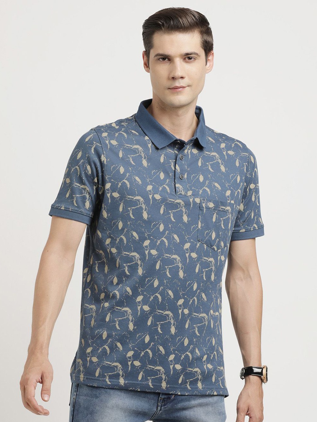 

Turtle Men Abstract Printed Polo Collar Pocket Slim Fit T-shirt, Blue