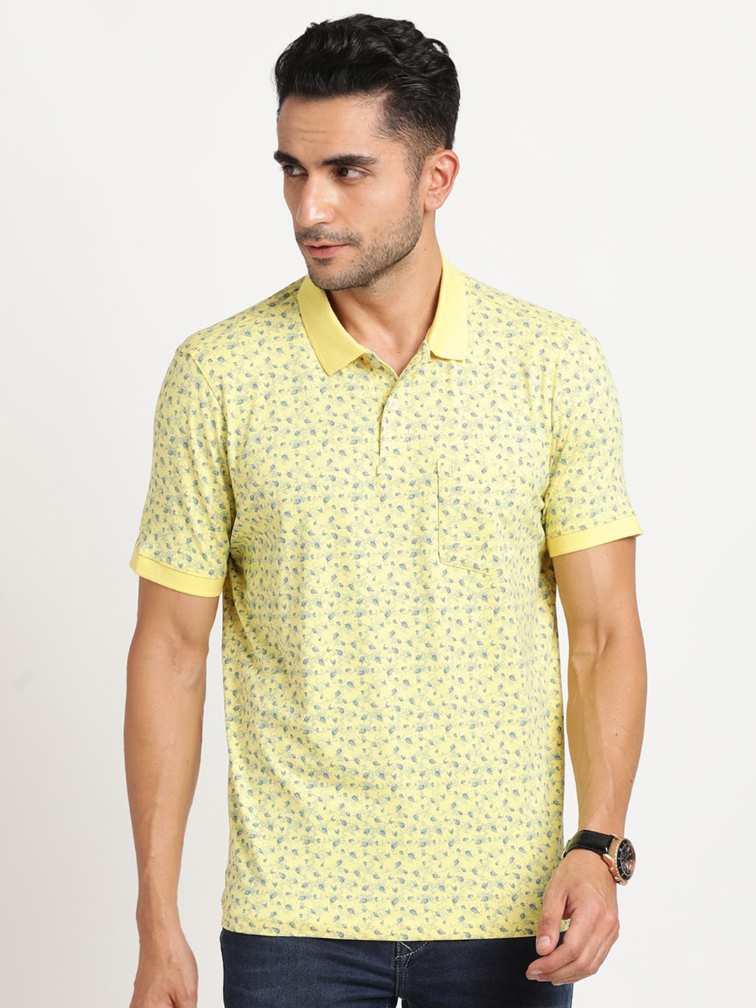 

Turtle Men Abstract Micro Ditsy Printed Polo Collar Pure Cotton Pocket Slim Fit T-shirt, Yellow