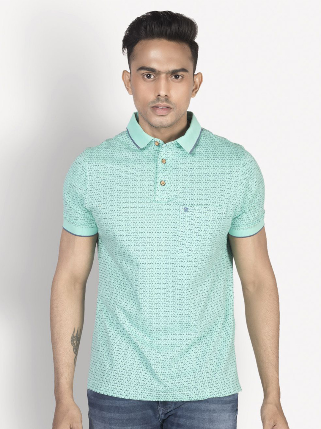 

Turtle Men Abstract Printed Polo Collar Pure Cotton Pocket Slim Fit T-shirt, Turquoise blue