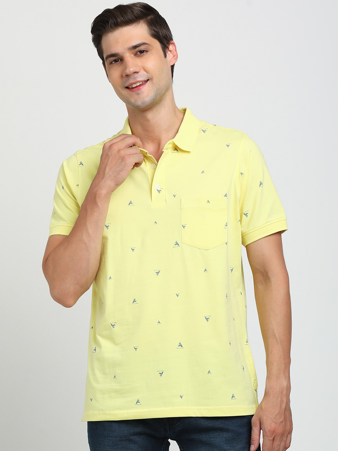 

Turtle Men Conversational Printed Polo Collar Pocket Slim Fit T-shirt, Yellow