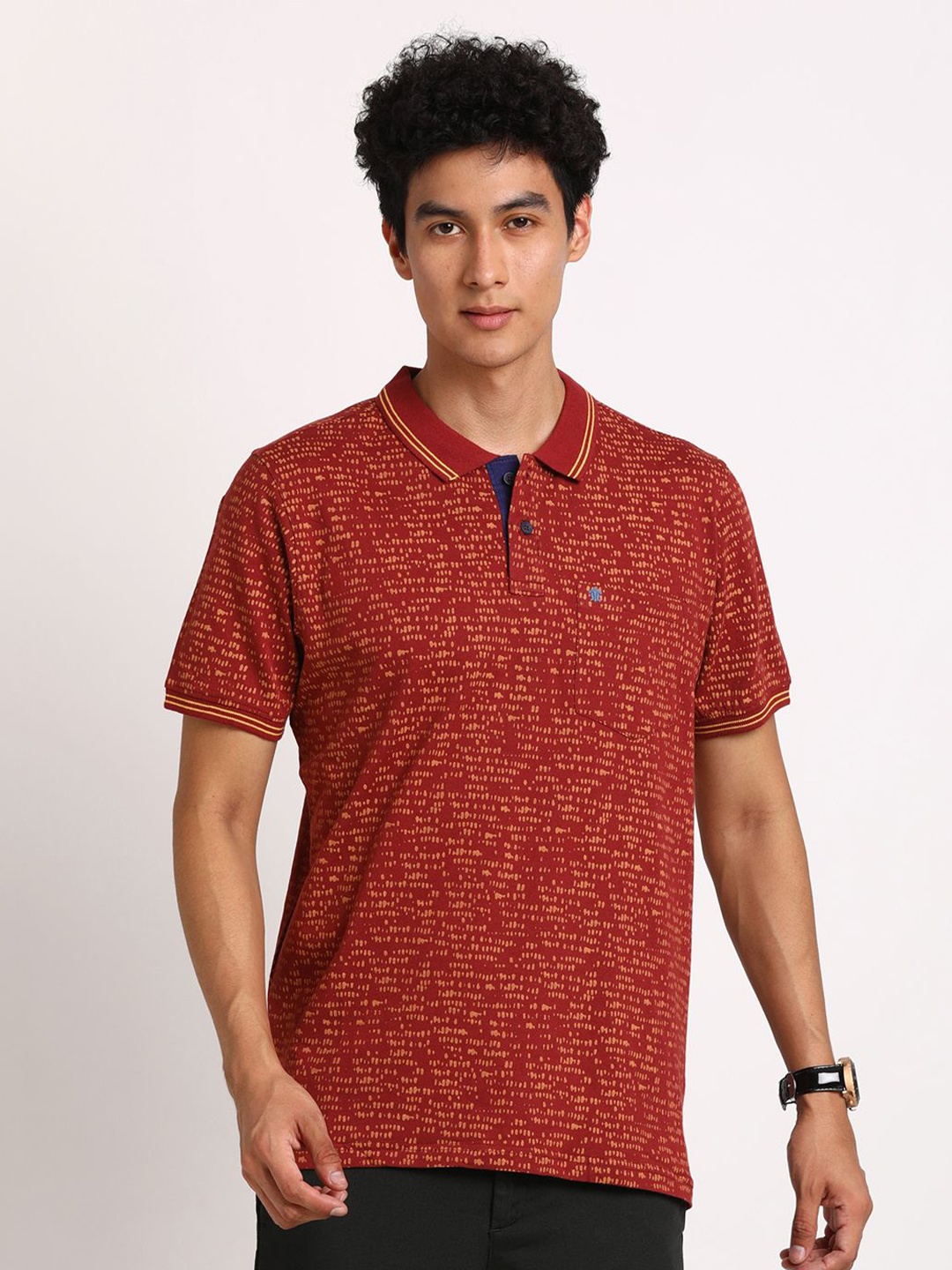 

Turtle Men Abstract Micro Ditsy Polo Collar Pure Cotton Pocket Slim Fit T-shirt, Maroon