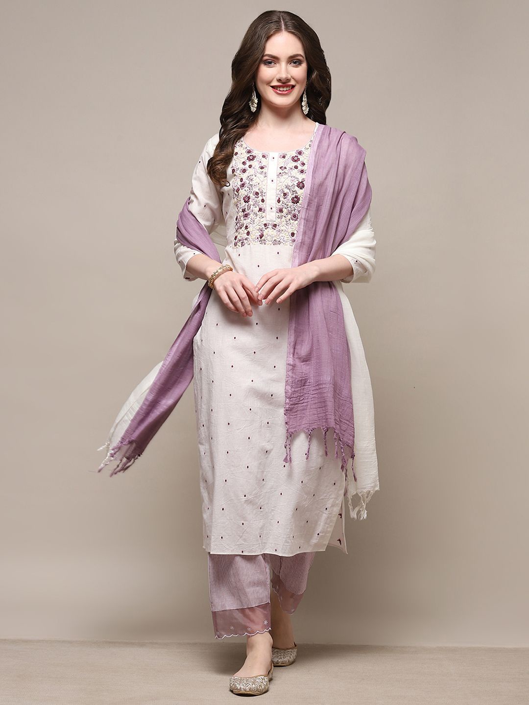 

Biba Floral Embroidered Beads and Stones Pure Cotton Unstitched Dress Material, Purple