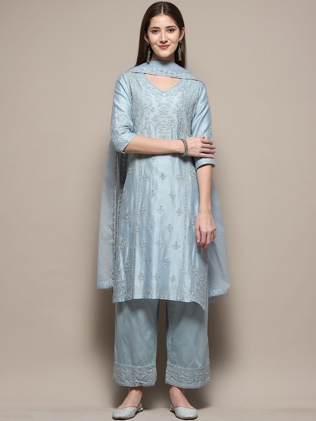 

Biba Floral Embroidered Cotton Silk Straight Kurta With Palazzo & Dupatta, Blue