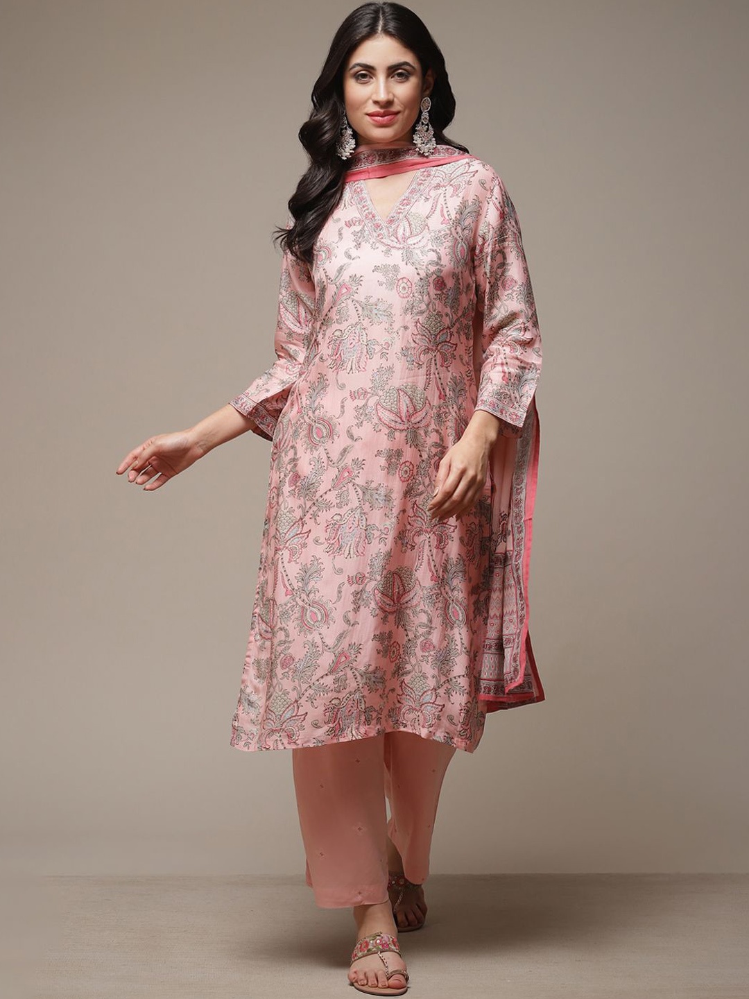 

Biba Ethnic Motifs Printed V-Neck Pure Cotton Straight Kurta with Palazzos & Dupatta, Pink
