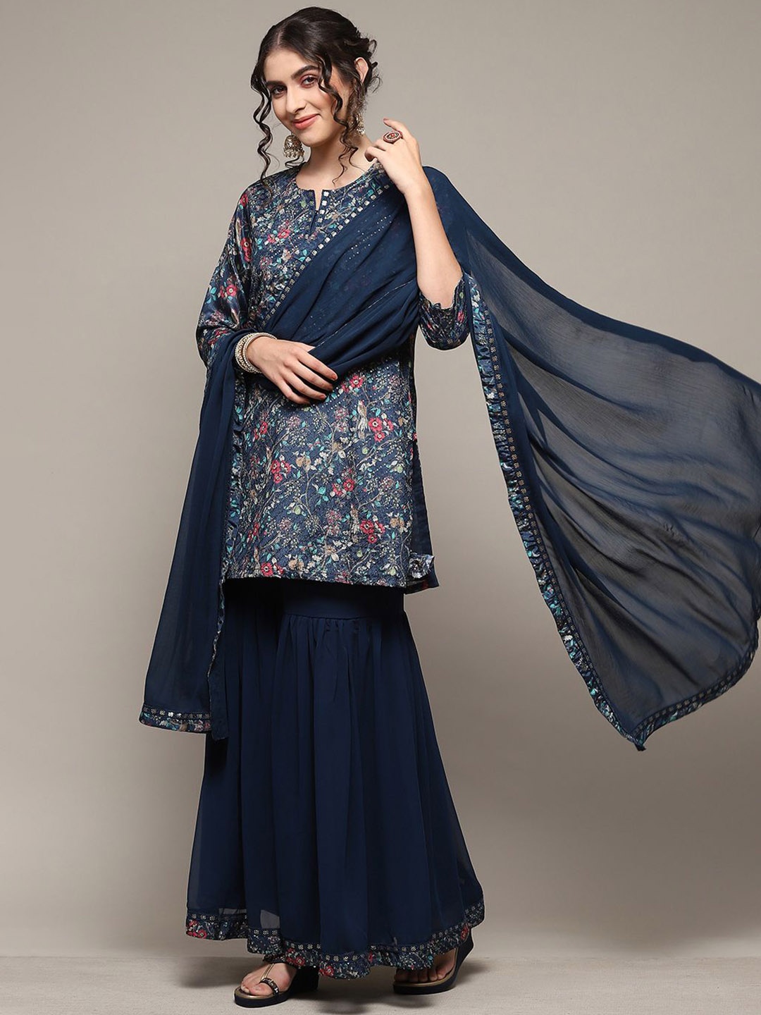 

Biba Floral Printed Sequinned Straight Kurti With Sharara & Dupatta, Teal