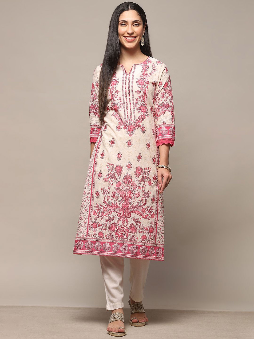 

Biba Floral Printed Sequins Straight Kurta, Cream