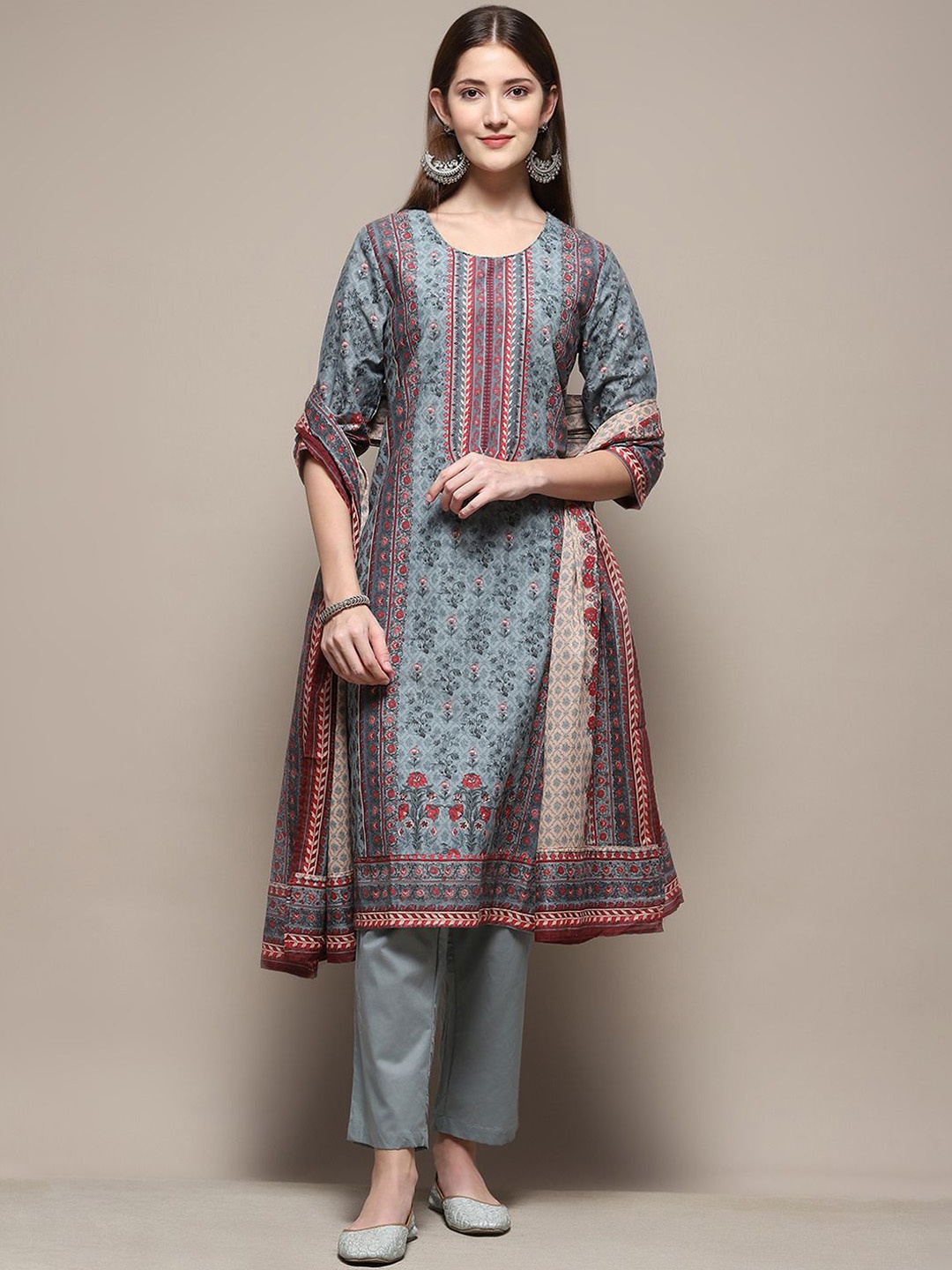 

Biba Floral Printed Pure Cotton Straight Kurta With Trouser & Dupatta, Green