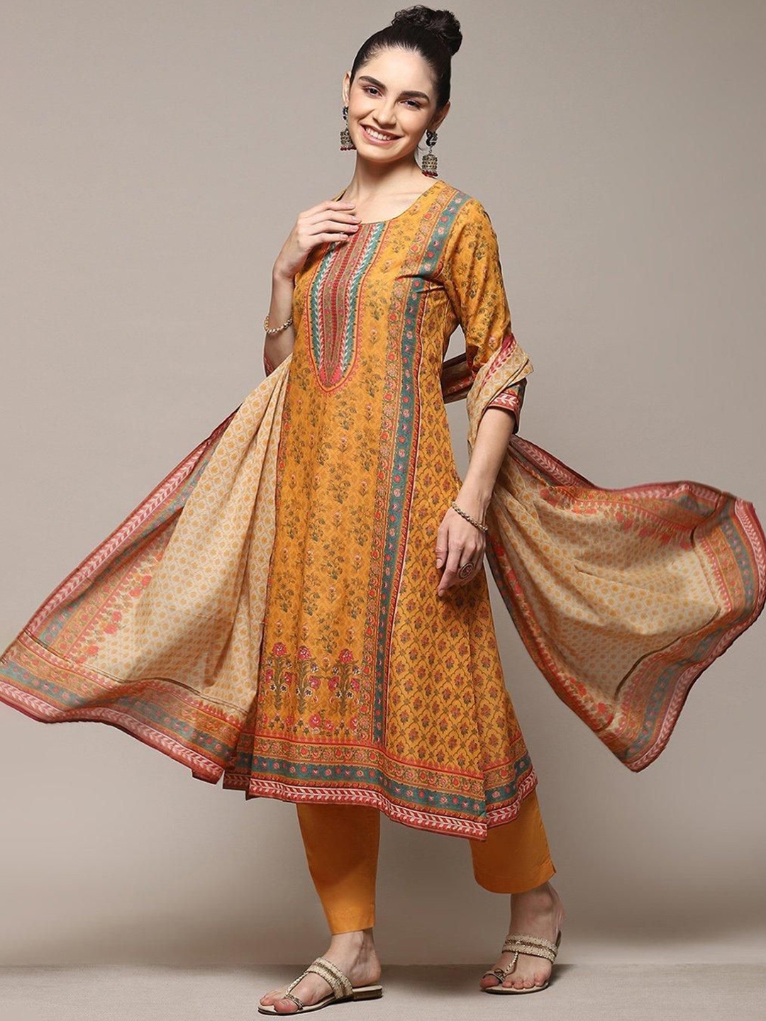 

Biba Ethnic Motifs Printed Pure Cotton Straight Kurta With Trouser & Dupatta, Mustard