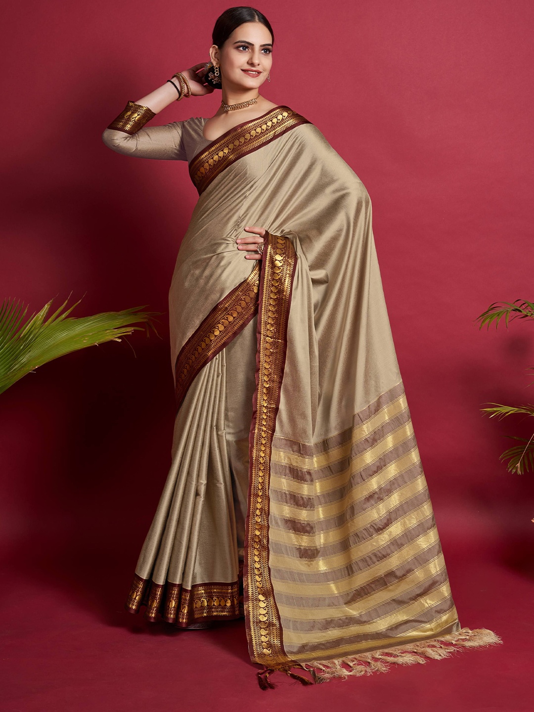 

bansari textiles Woven Design Zari Banarasi Saree, Cream