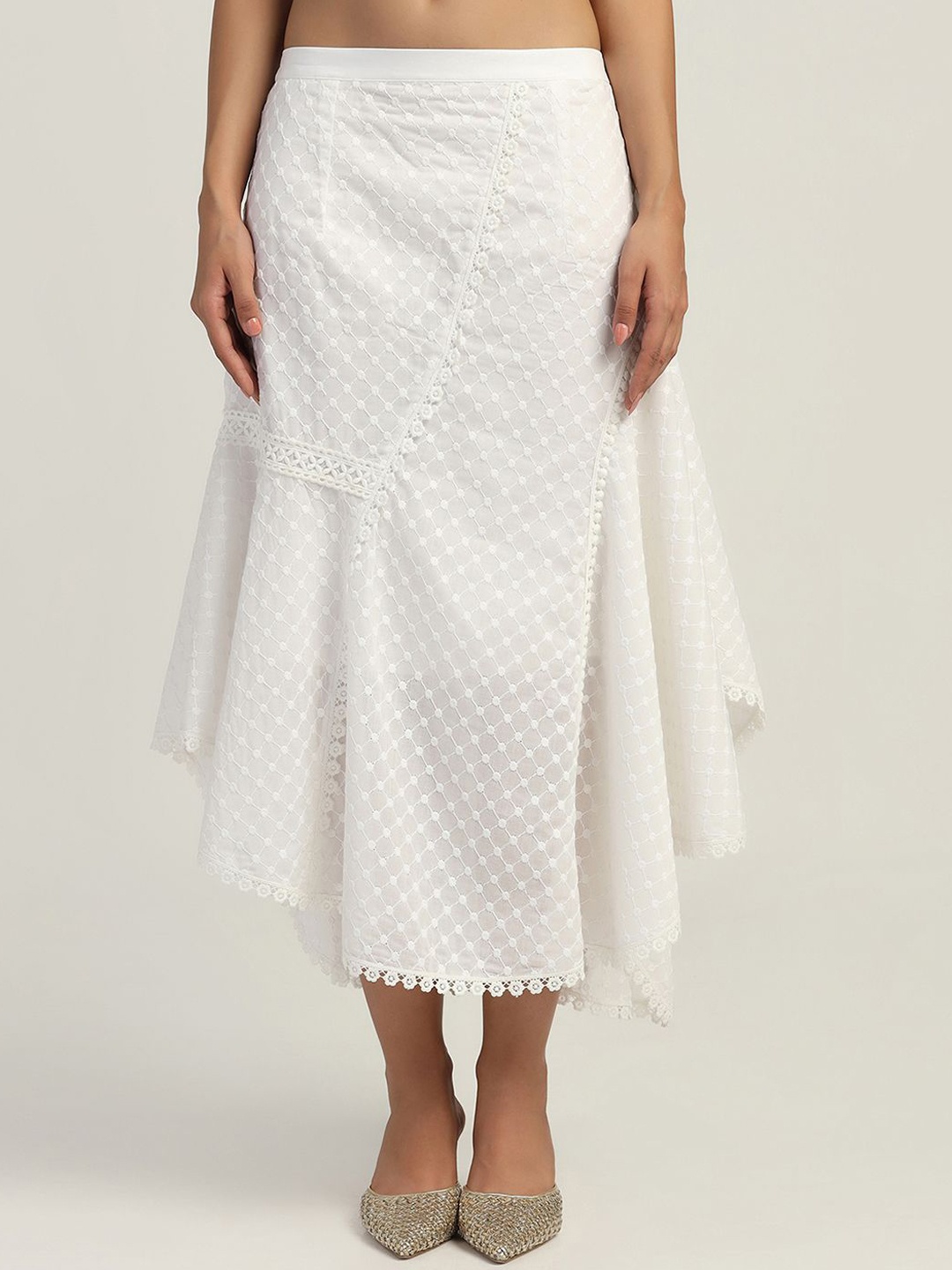 

LELA Asymmetrical Lace Midi Skirt, White