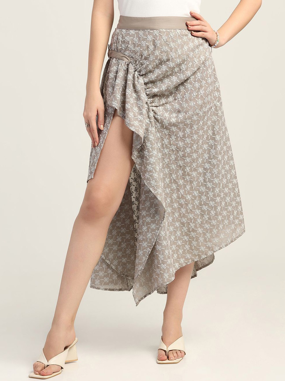 

LELA Women Asymmetrical Buckle Skirt, Taupe