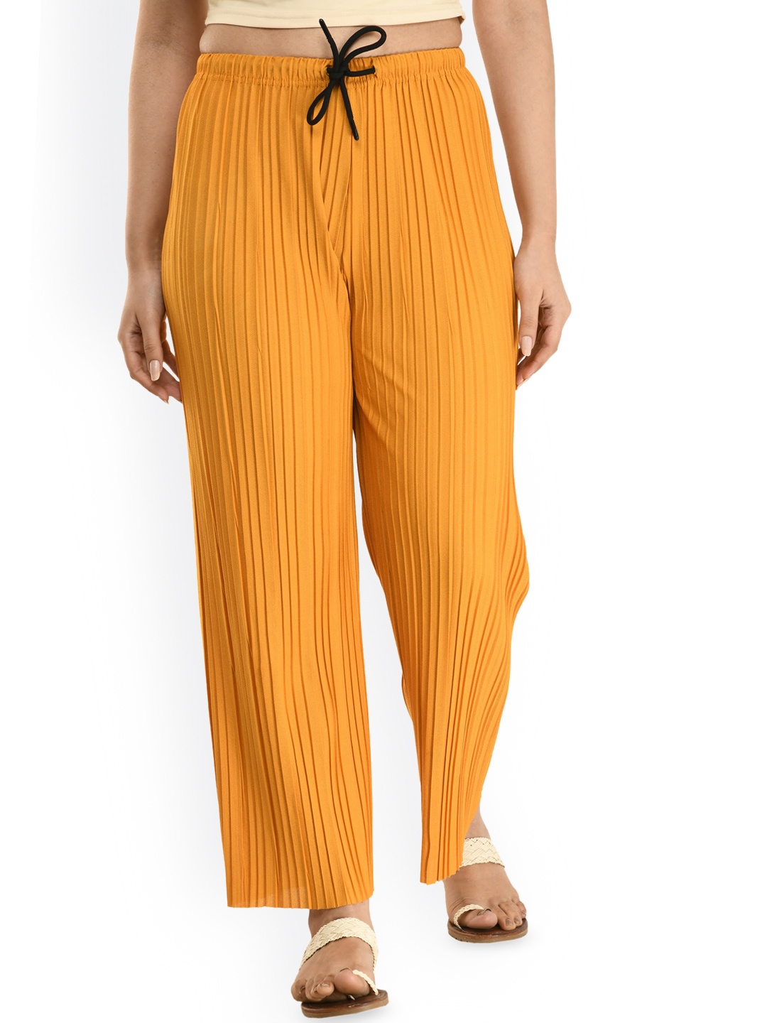 

Gladly Women Striped Relaxed Loose Fit High-Rise Trousers, Mustard