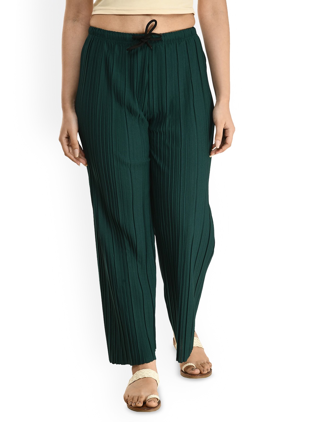 

Gladly Women Striped Relaxed Loose Fit High-Rise Trousers, Green