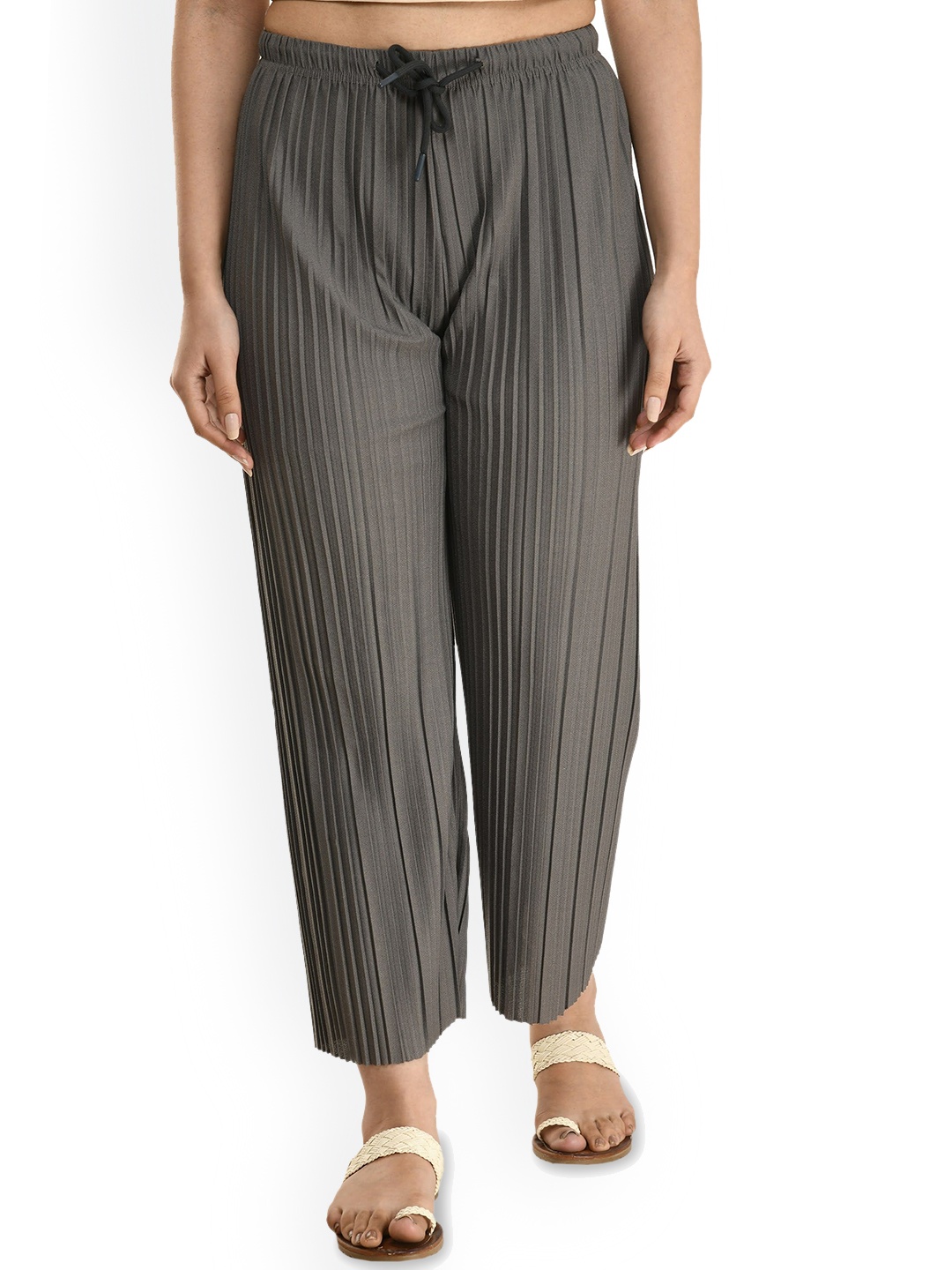 

Gladly Women Striped Relaxed Loose Fit High-Rise Accordion Pleated Parallel Trousers, Grey