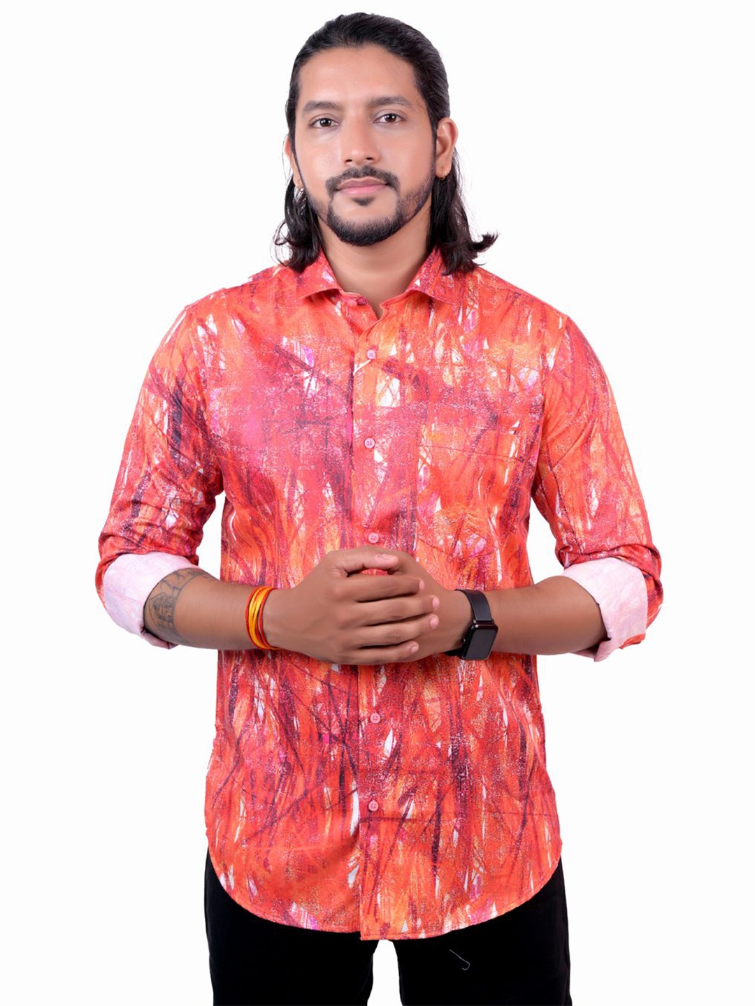 

WHITE HANGER Men Cotton Opaque Printed Casual Shirt, Orange