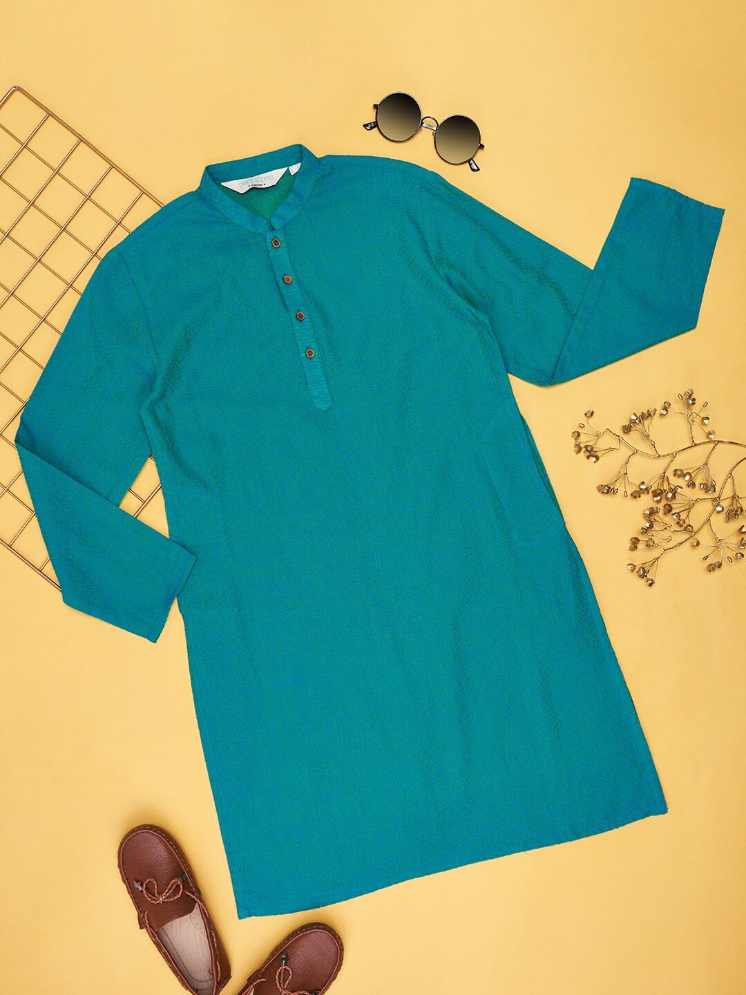 

indus route by Pantaloons Boys Mandarin Collar Long Sleeves Pure Cotton Straight Kurta, Green