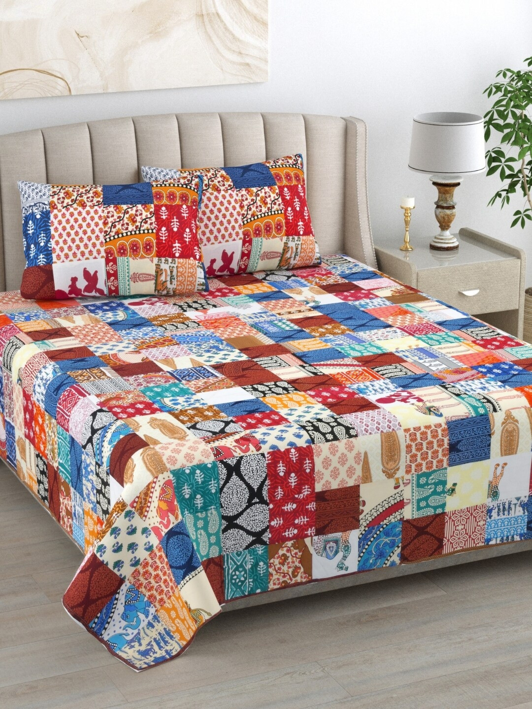 

The Craft Monk Satrangi Patchwork Pure Cotton 300 TC Super King Bedsheet & 2 Pillow Covers, White