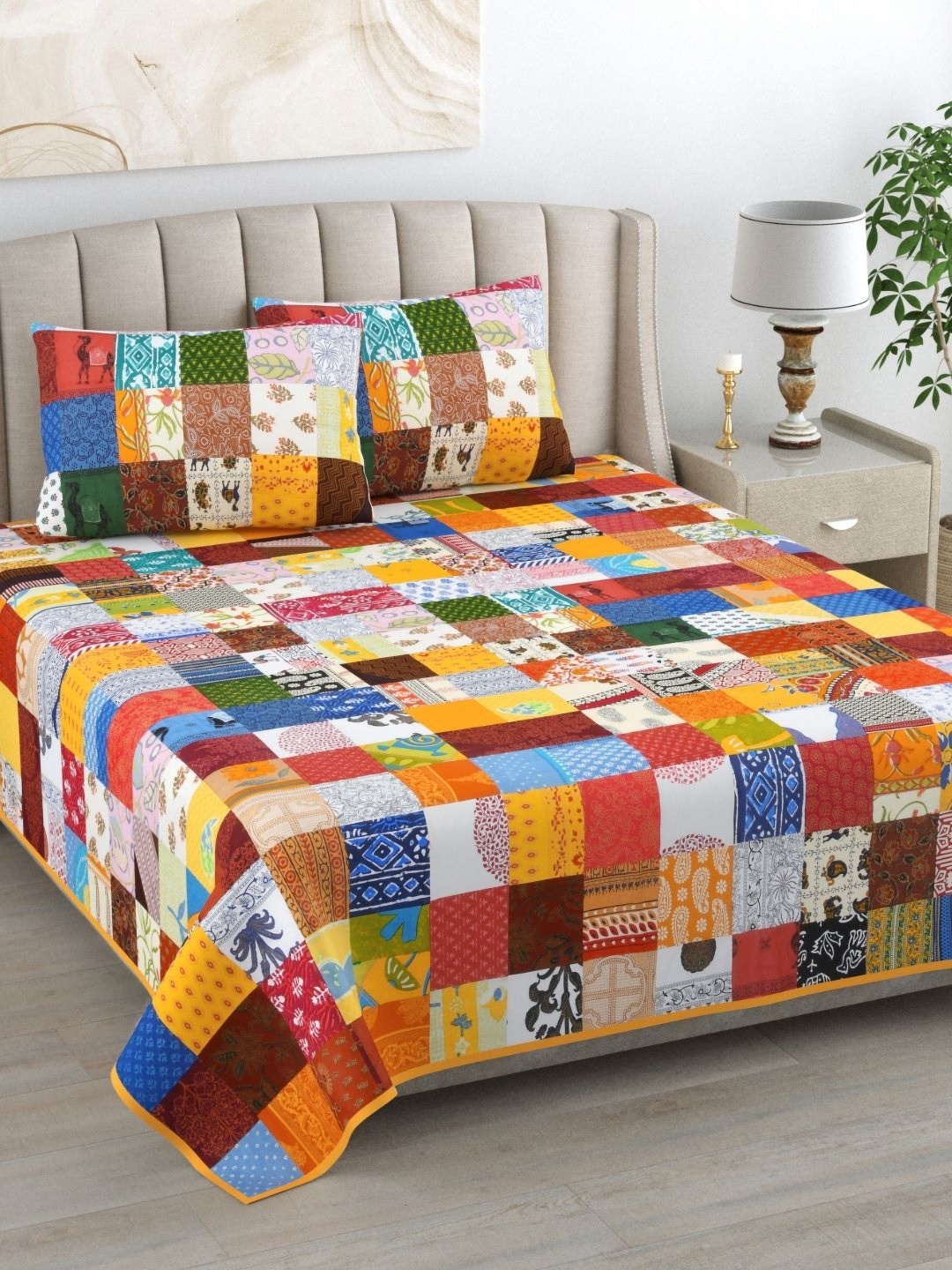 

The Craft Monk Satrangi Patchwork Pure Cotton 300 TC Super King Bedsheet & 2 Pillow Covers, Orange