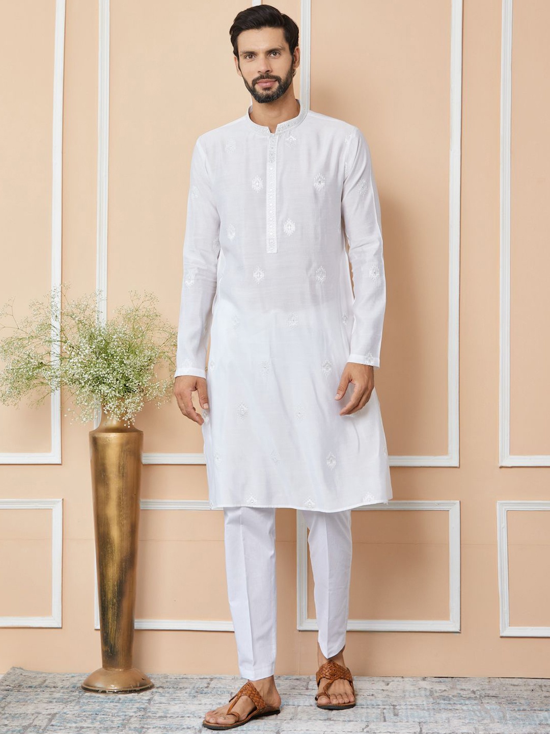 

See Designs Thread Work Chanderi Silk Straight Kurta, White