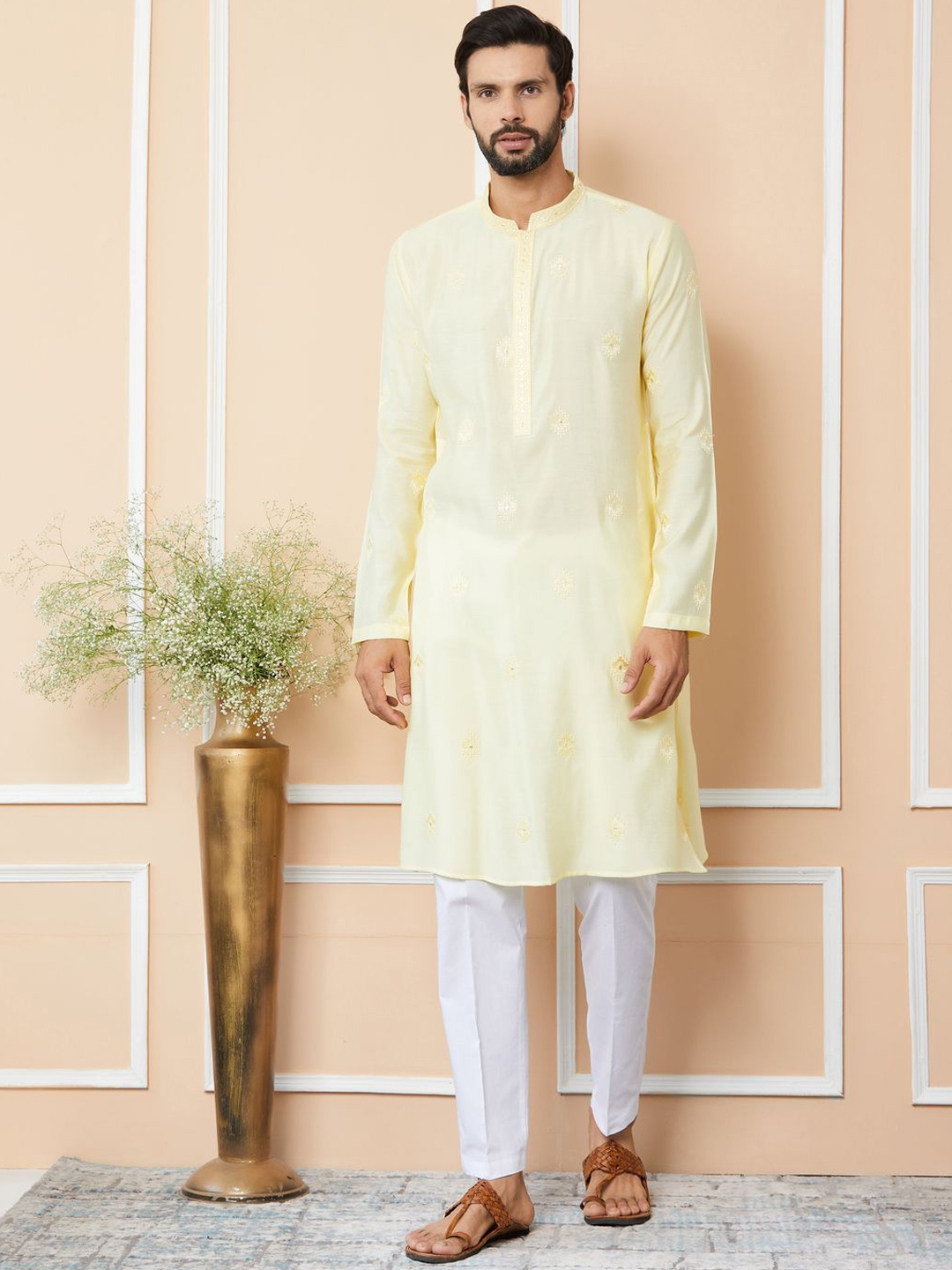 

See Designs Floral Embroidered Mandarin Collar Thread Work Chanderi Silk Straight Kurta, Yellow