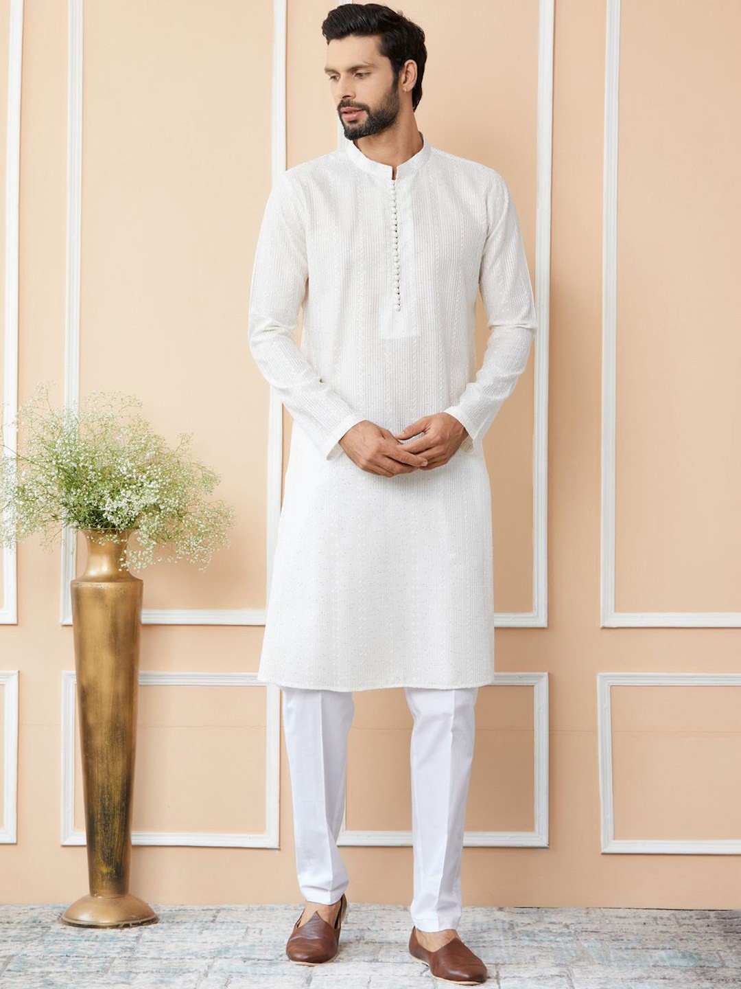 

See Designs Striped Mandarin Collar Thread Work Chanderi Silk Straight Kurta, Off white