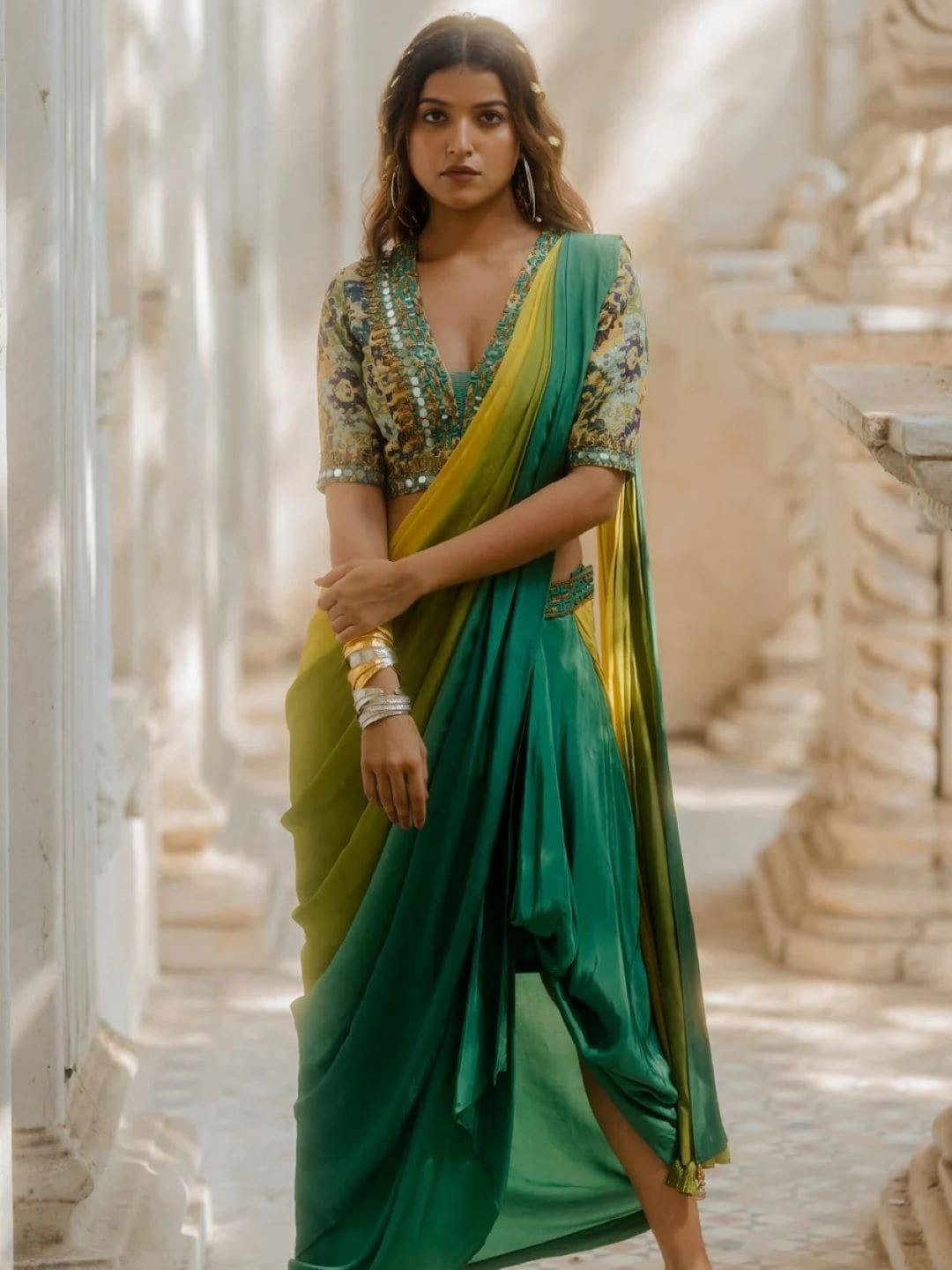 

Nikita Vishakha Ombre Pure Crepe Ready to Wear Saree, Green