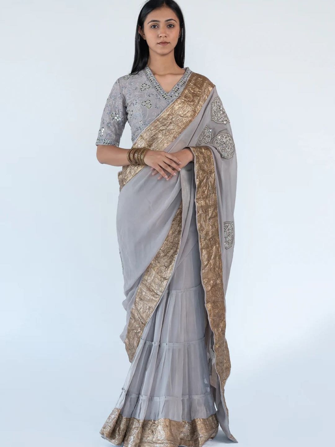 

Nikita Vishakha Ethnic Motifs Mirror Work Pure Georgette Saree Pack of 2, Grey