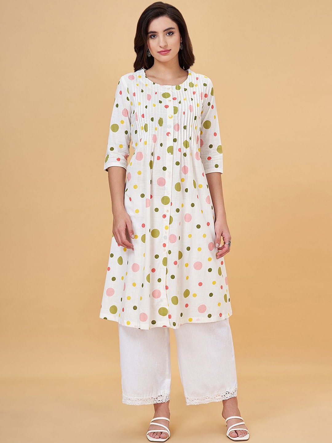 

RANGMANCH BY PANTALOONS Round Neck Geometric Printed Cotton A-LineKurta, White