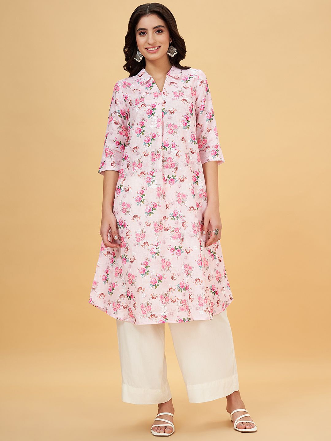 

RANGMANCH BY PANTALOONS Floral Printed Shirt Collar Straight Kurta, Pink