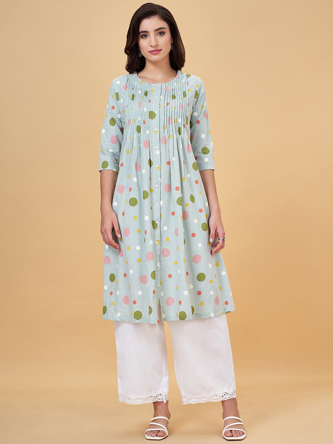 

RANGMANCH BY PANTALOONS Polka Dots Printed Round Neck A-Line Kurta, Blue