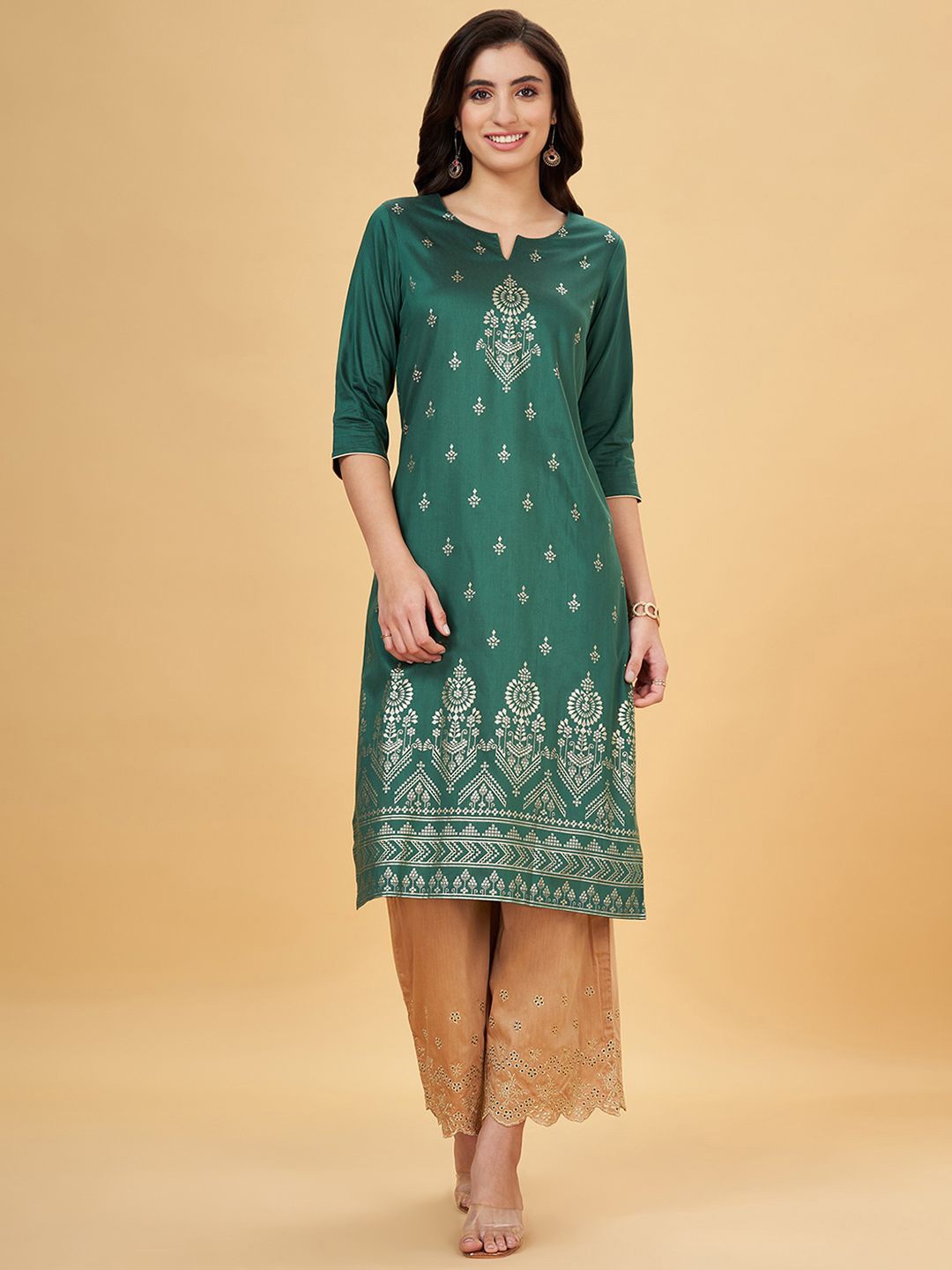 

RANGMANCH BY PANTALOONS Ethnic Motifs Printed Straight Kurta, Green