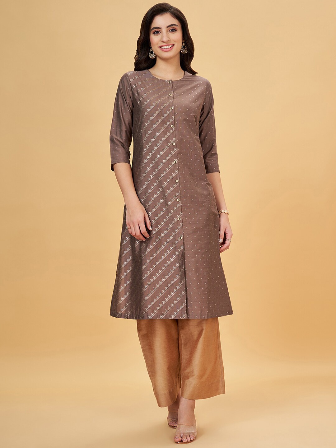 

RANGMANCH BY PANTALOONS Floral Printed A-Line Kurta, Brown