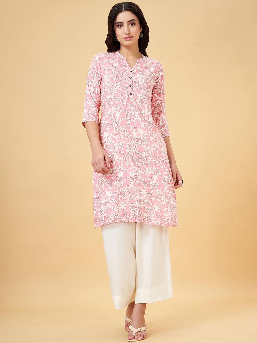 

RANGMANCH BY PANTALOONS Floral Printed Mandarin Collar Straight Kurta, Pink