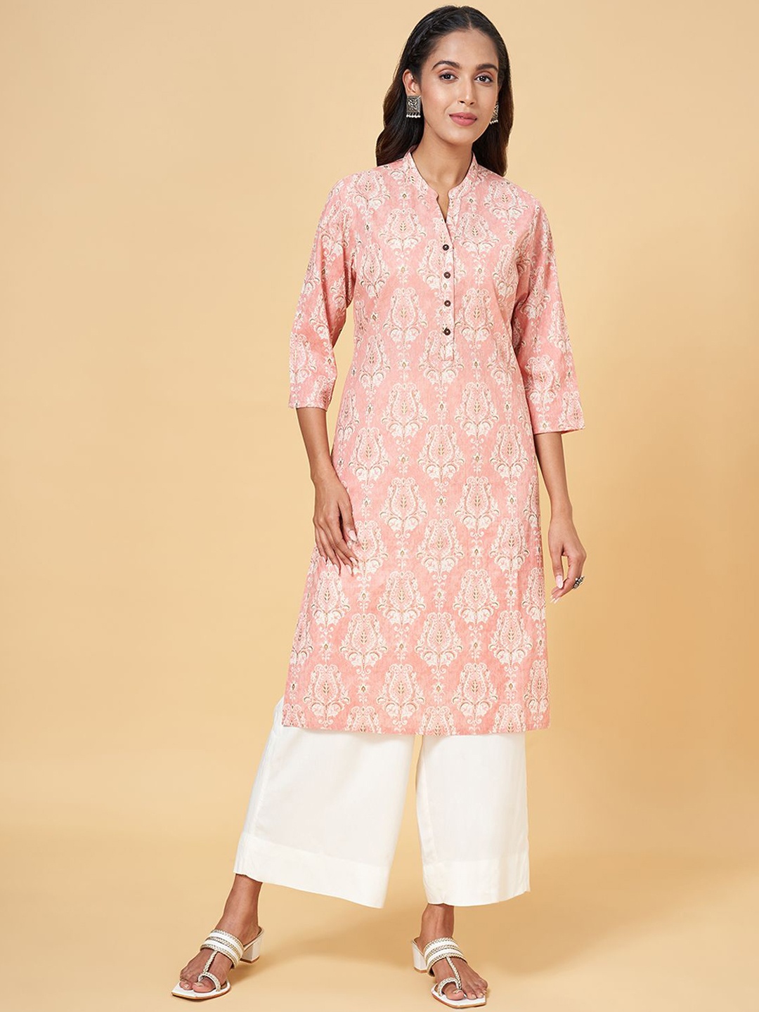 

RANGMANCH BY PANTALOONS Mandarin Collar Printed Pure Cotton Straight Kurta, Pink