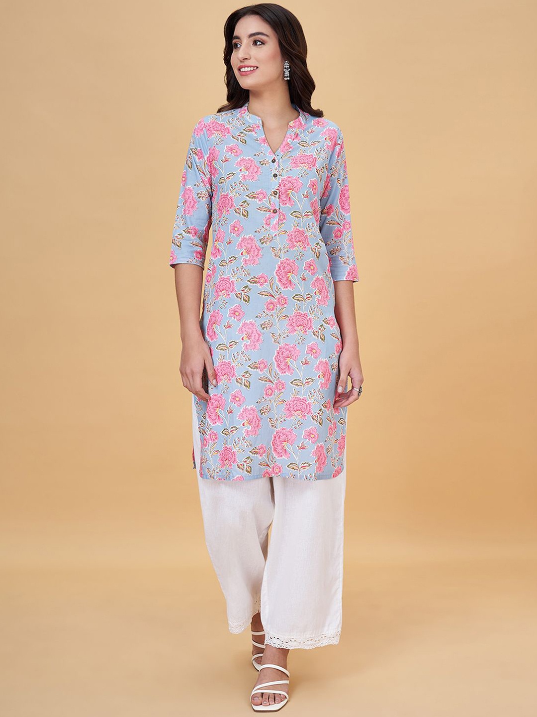 RANGMANCH BY PANTALOONS Mandarin Collar Floral Printed Straight Kurta, Blue