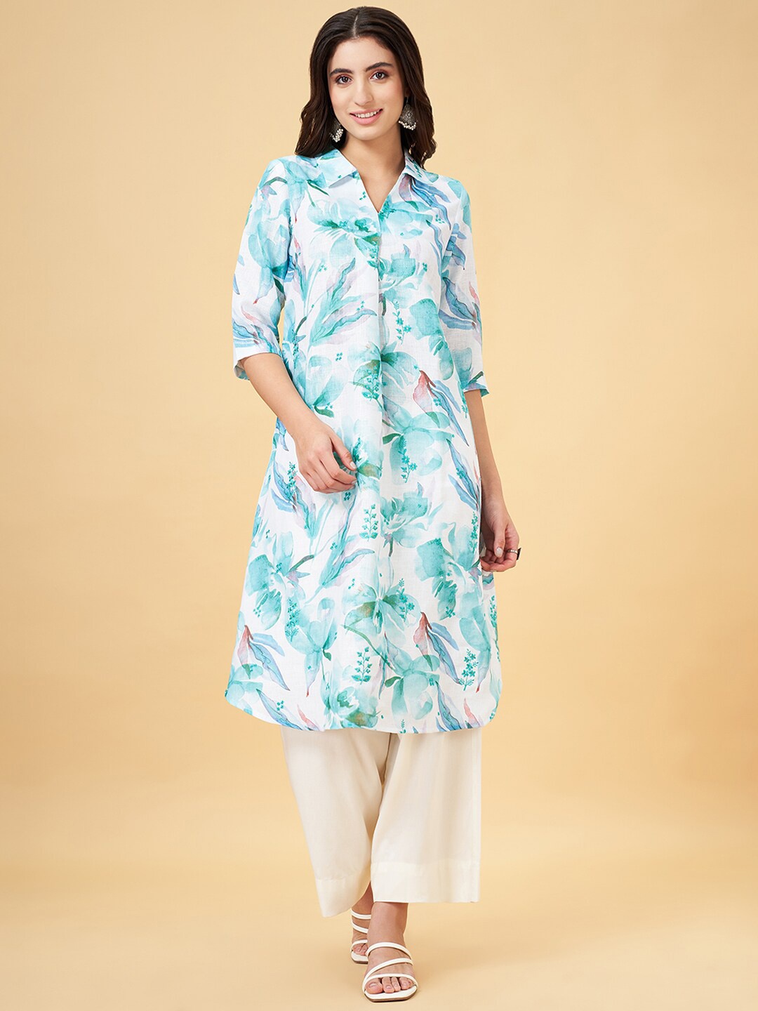 

RANGMANCH BY PANTALOONS Shirt Collar Floral Printed Thread Work A-Line Kurta, Turquoise blue