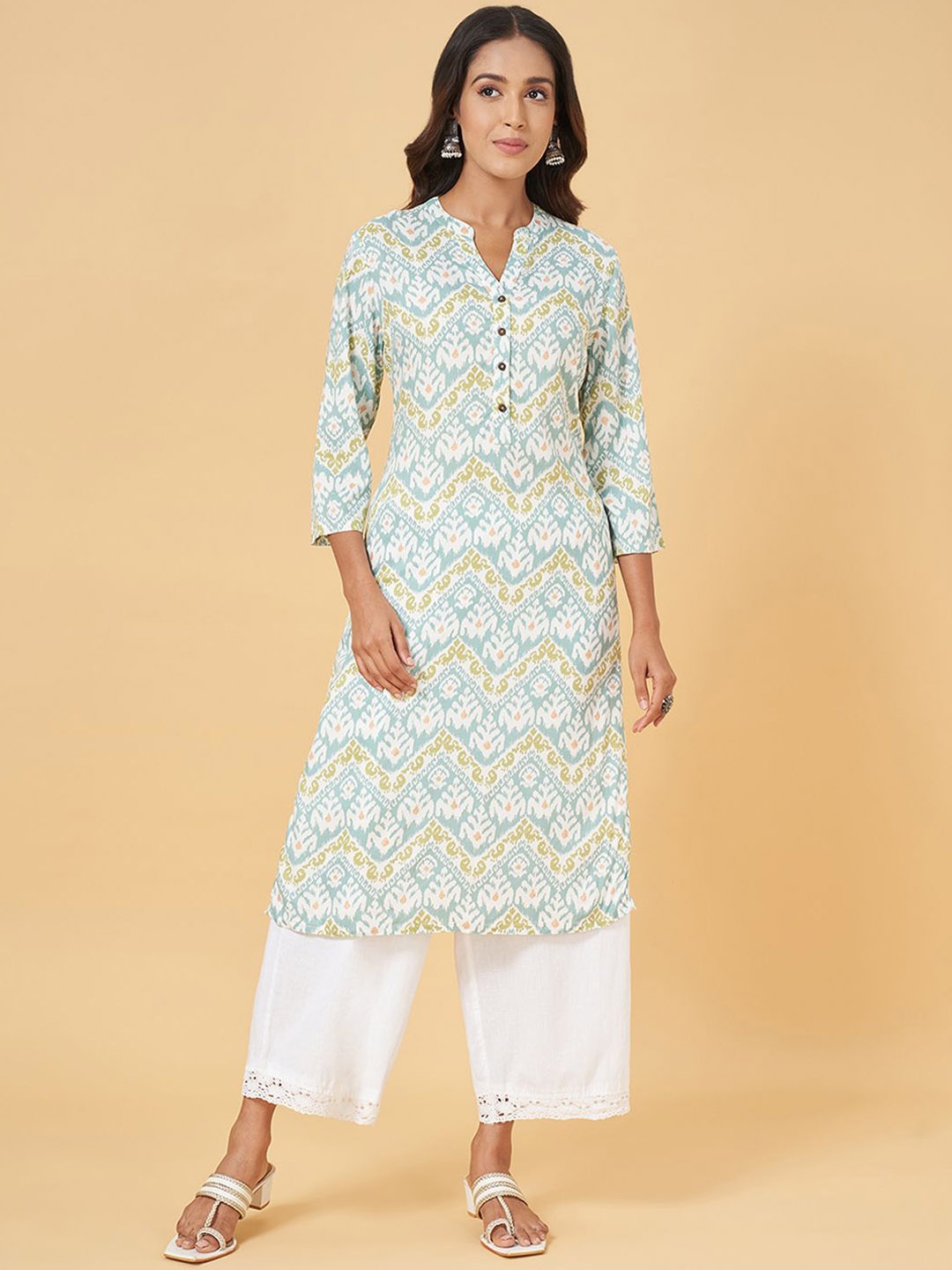 

RANGMANCH BY PANTALOONS Paisley Printed Mandarin Collar Straight Kurta, Blue