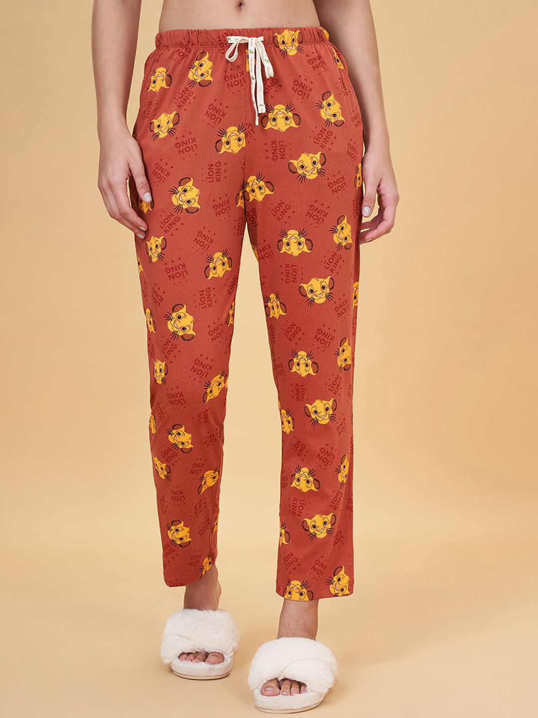 

Dreamz by Pantaloons Women Lion King Printed Mid-Rise Pure Cotton Straight Lounge Pant, Rust