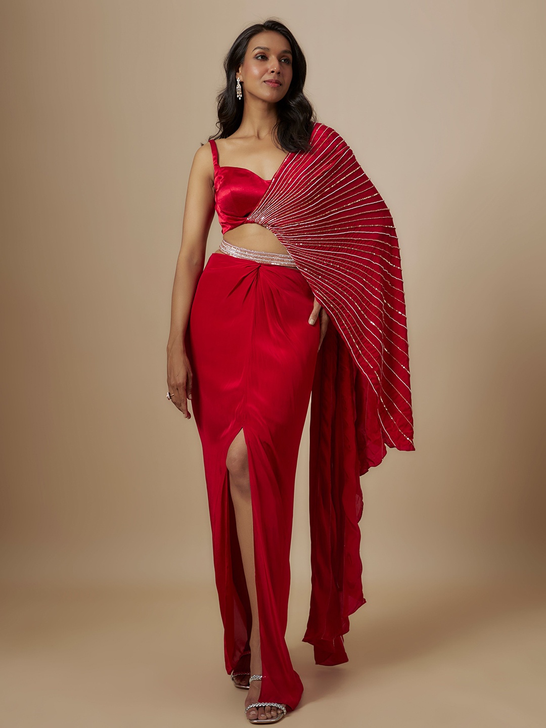 

Masumi Mewawalla Striped Sequinned Tissue Fusion Saree, Red