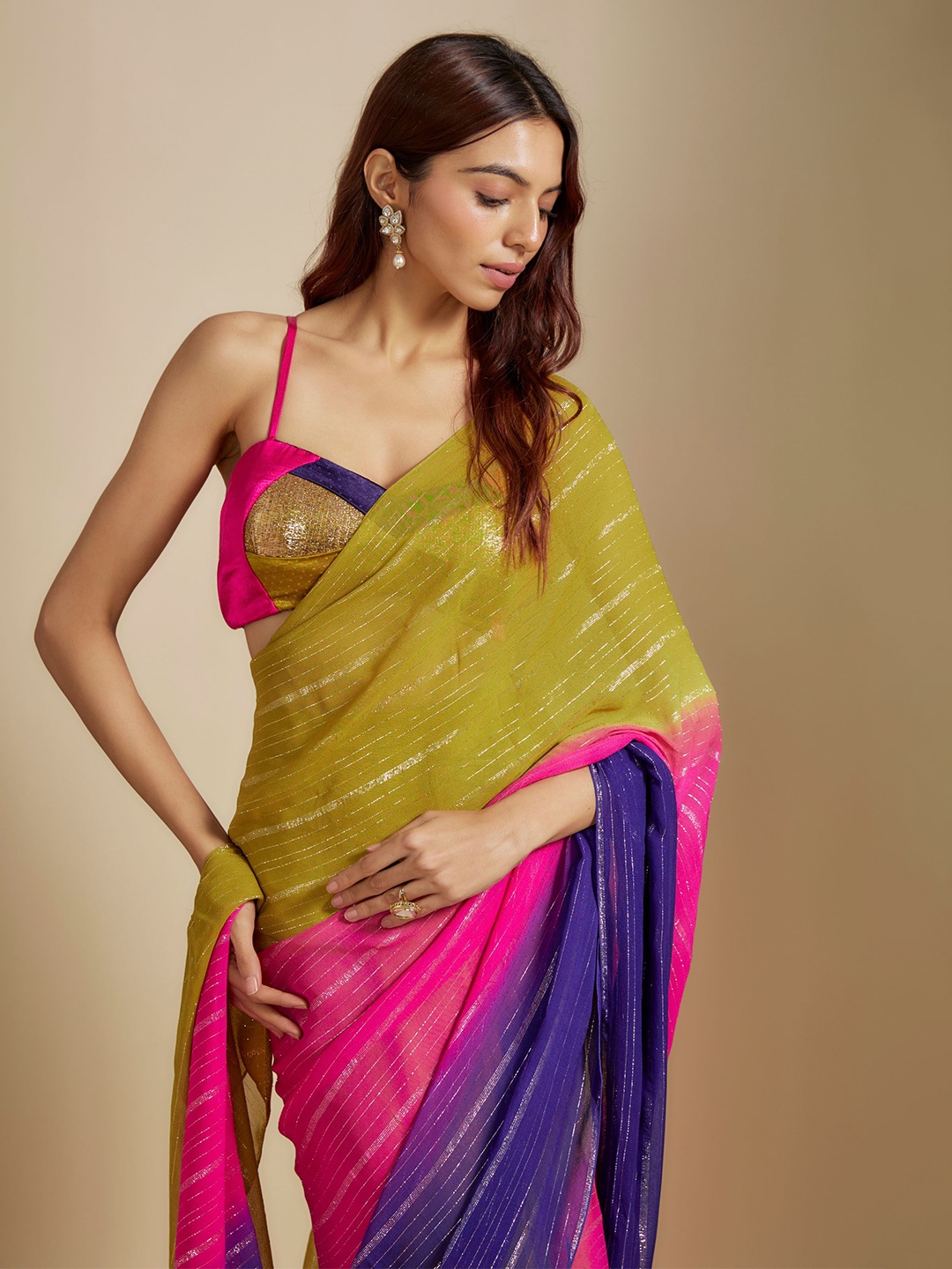 

Masumi Mewawalla Striped Zari Pure Georgette Saree, Olive