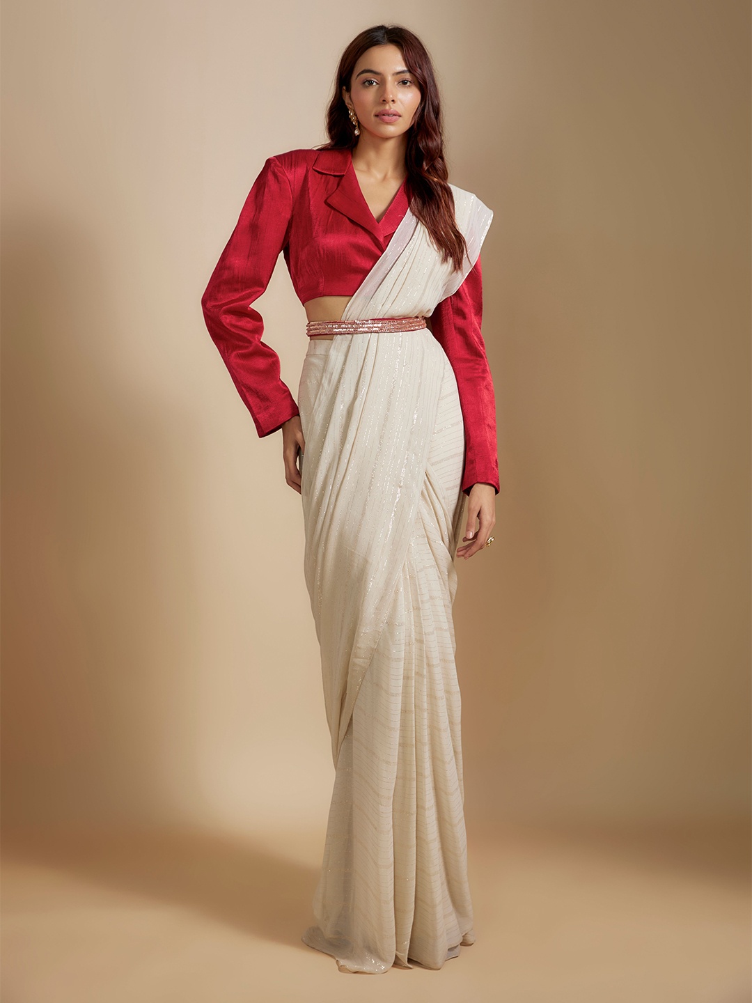 

Masumi Mewawalla Striped Zari Pure Georgette Saree, Red