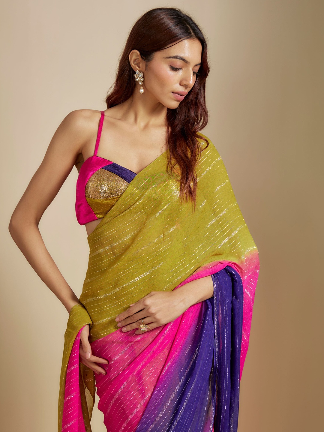 

Masumi Mewawalla Striped Zari Pure Georgette Saree, Mustard