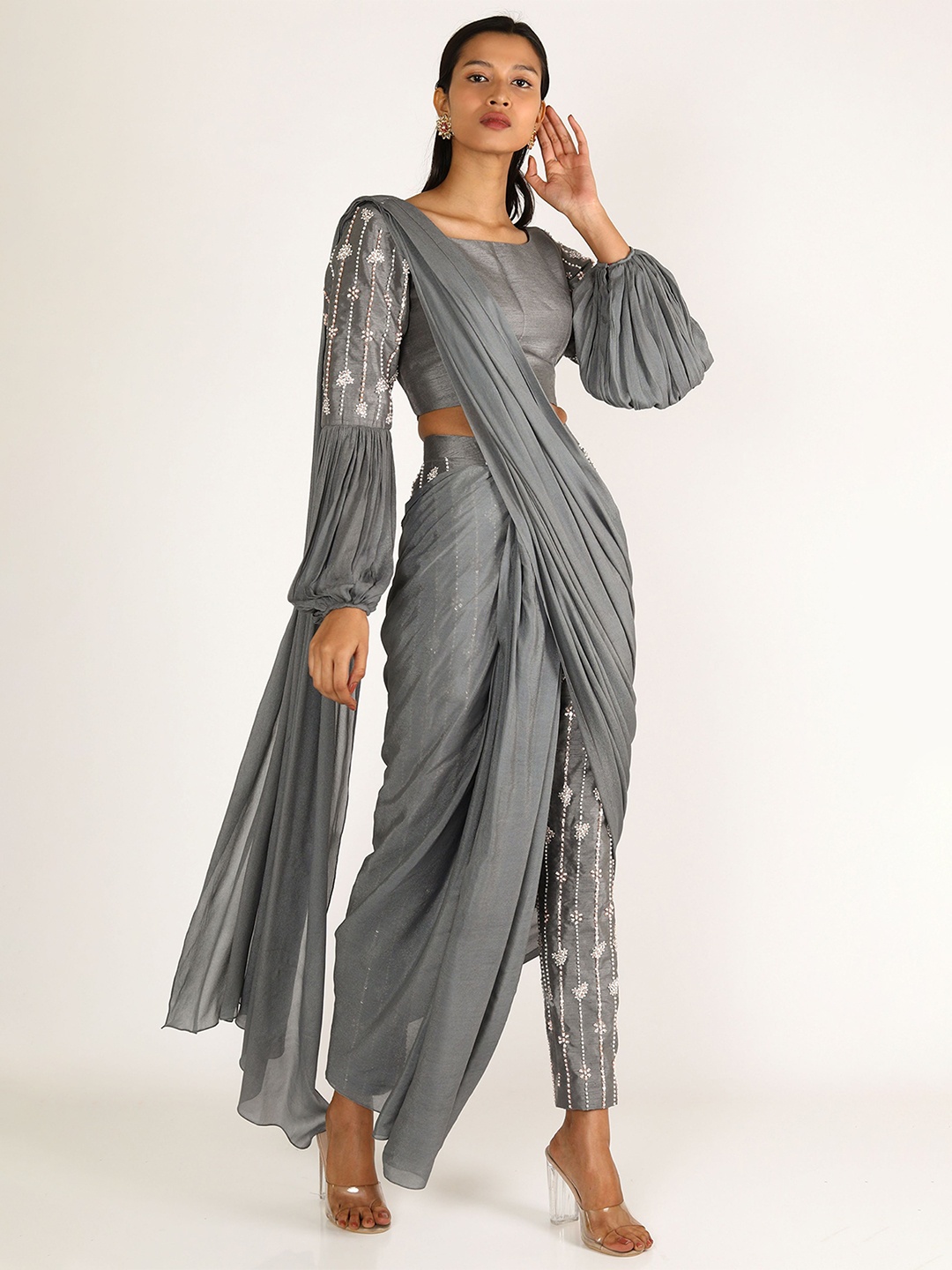 

Masumi Mewawalla Embroidered Pure Crepe Pant Saree, Grey