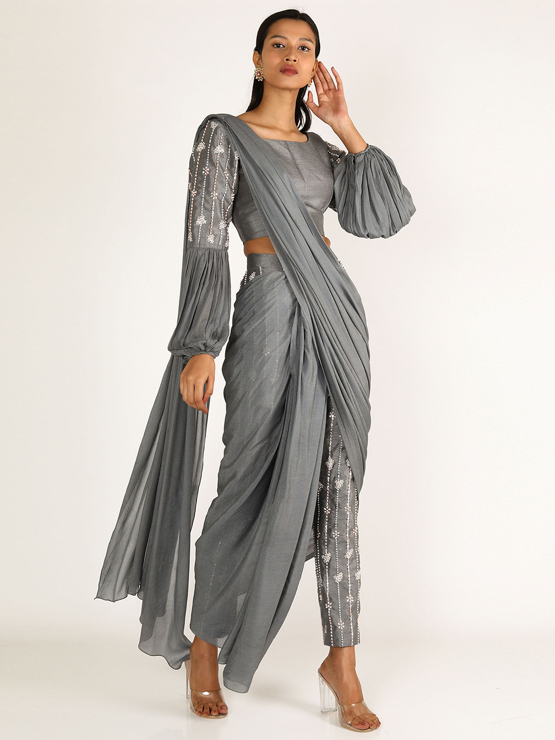 

Masumi Mewawalla Sequinned Pure Crepe Pant Saree, Grey
