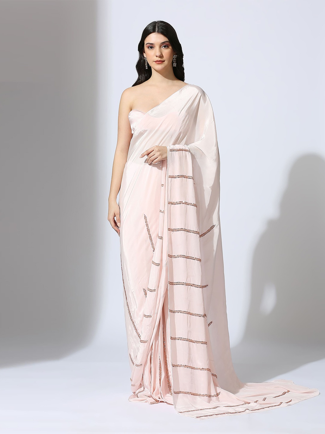 

Masumi Mewawalla Striped Beads and Stones Tissue Saree, Pink