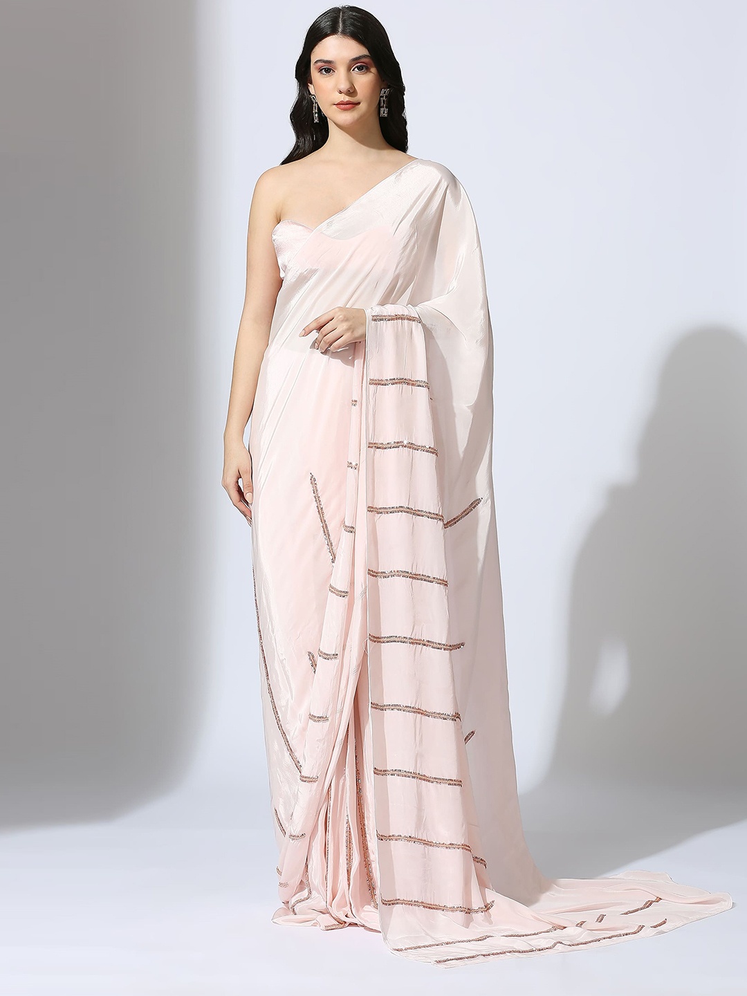 

Masumi Mewawalla Striped Beads and Stones Tissue Saree, Pink