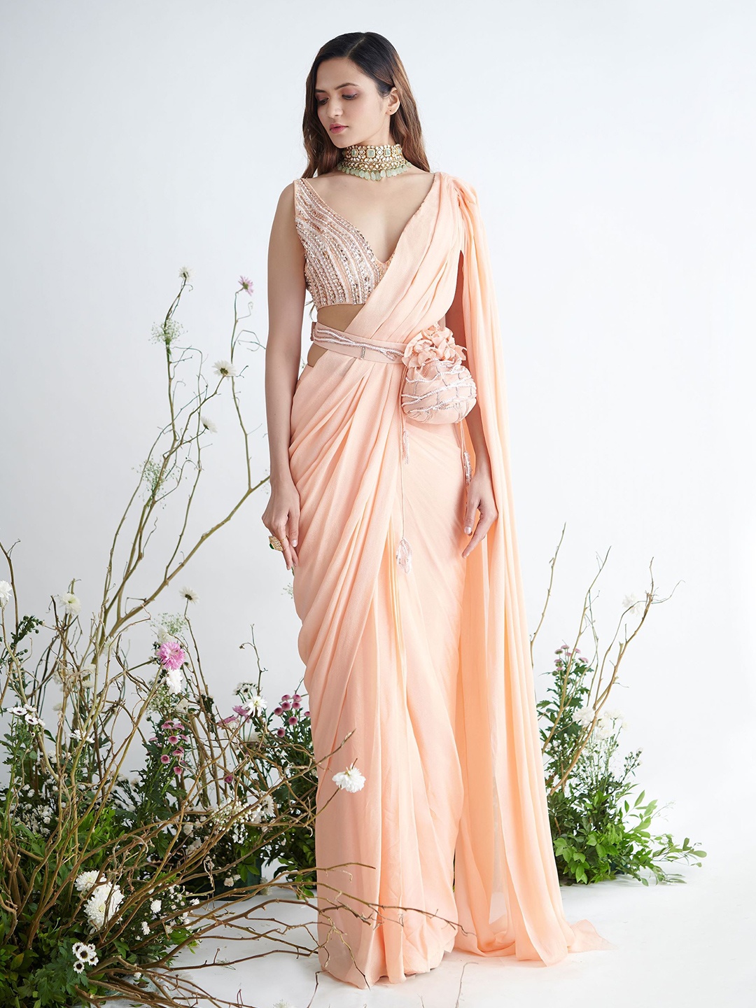 

Masumi Mewawalla Embroidered Pure Silk Saree, Peach