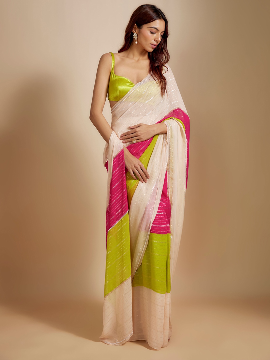 

Masumi Mewawalla Colourblocked Zari Tissue Saree, Pink